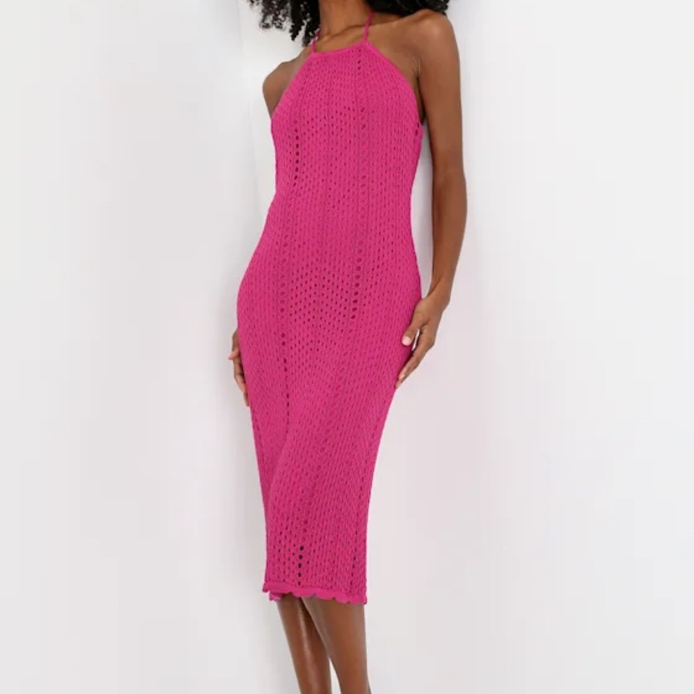 Lulus Sensational Sunshine Magenta Crochet Halter Midi Dress